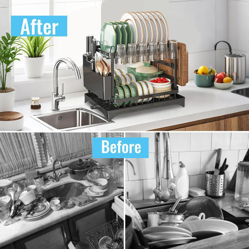 Moonval 2-Tier Dish Drying Rack, Drain Tray, Utensil Holder, Space-Saving