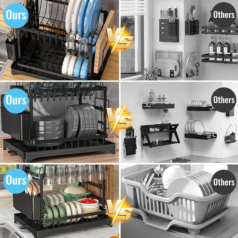 Moonval 2-Tier Dish Drying Rack, Drain Tray, Utensil Holder, Space-Saving