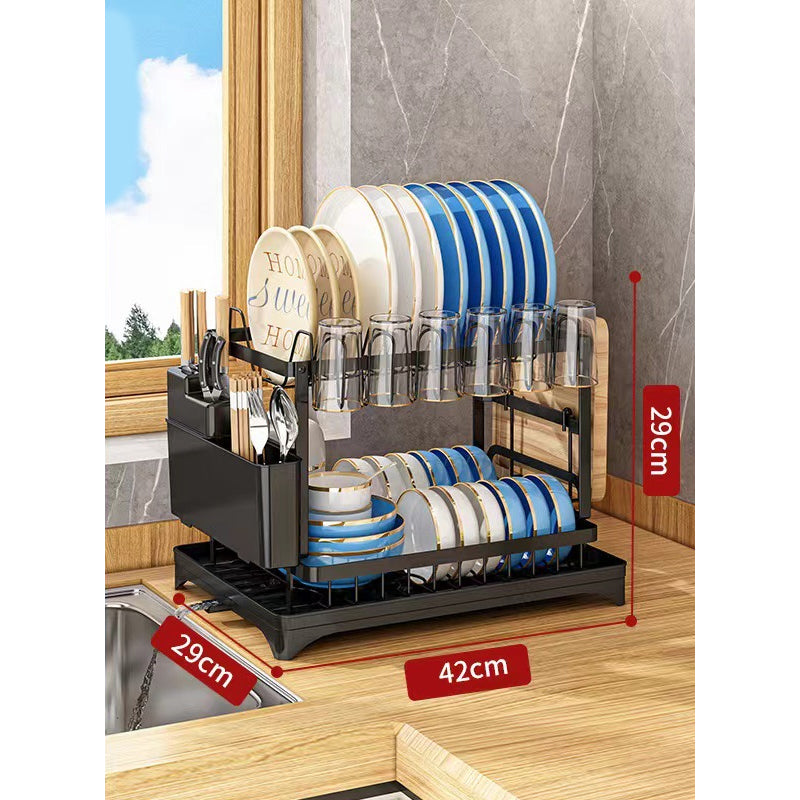 Moonval 2-Tier Dish Drying Rack, Drain Tray, Utensil Holder, Space-Saving