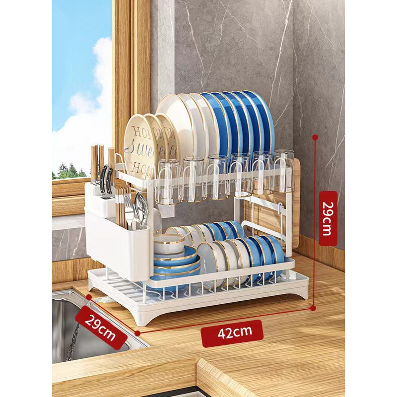 Moonval 2-Tier Dish Drying Rack, Drain Tray, Utensil Holder, Space-Saving