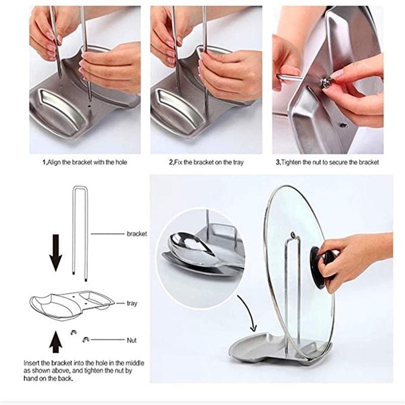 Moonval Stainless Steel Pot Lid Holder, Countertop Spoon Rest with Drip Tray