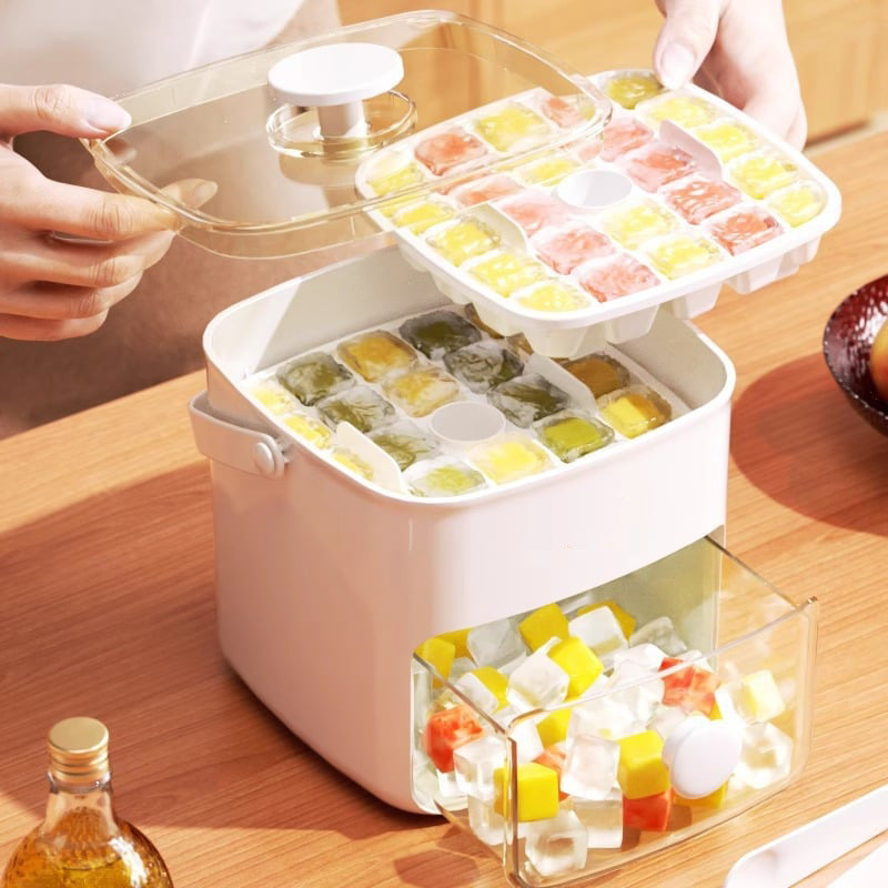 Moonval 2-Layer Ice Cube Tray, Stackable Ice Maker with Storage Bin & Scoop