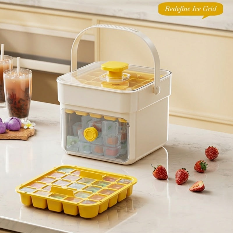 Moonval Ice Cube Maker Box, Press-to-Release Ice Tray with Storage Bin & Scoop