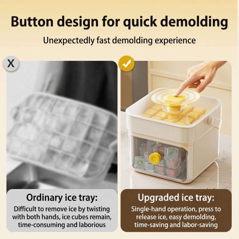 Moonval Ice Cube Maker Box, Press-to-Release Ice Tray with Storage Bin & Scoop