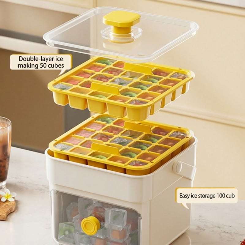 Moonval Ice Cube Maker Box, Press-to-Release Ice Tray with Storage Bin & Scoop
