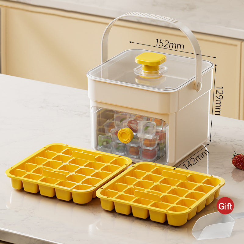 Moonval Ice Cube Maker Box, Press-to-Release Ice Tray with Storage Bin & Scoop