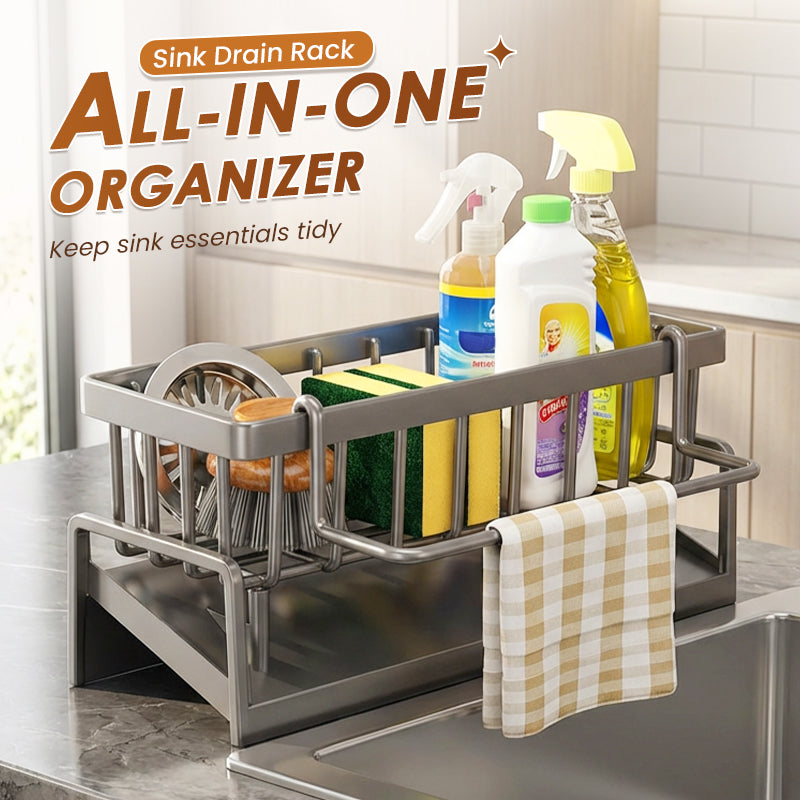 Moonval Sink Drain Rack, Stainless Steel Organizer with Drip Tray and Towel Bar