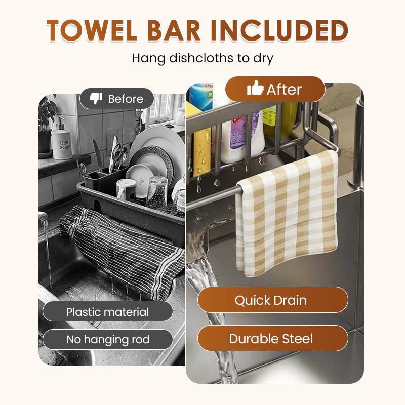 Moonval Sink Drain Rack, Stainless Steel Organizer with Drip Tray and Towel Bar
