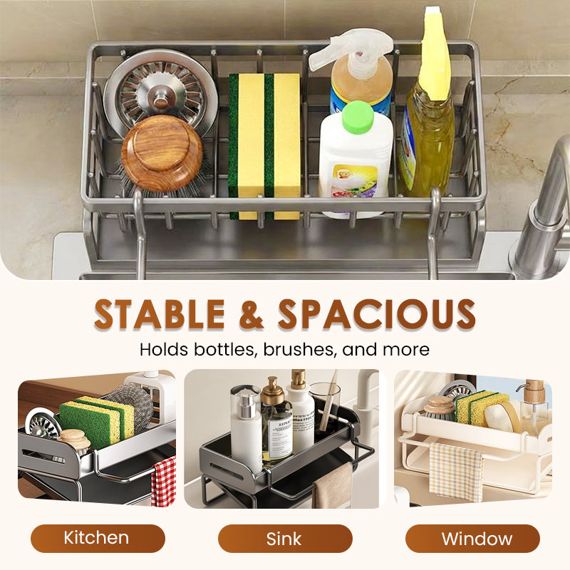 Moonval Sink Drain Rack, Stainless Steel Organizer with Drip Tray and Towel Bar