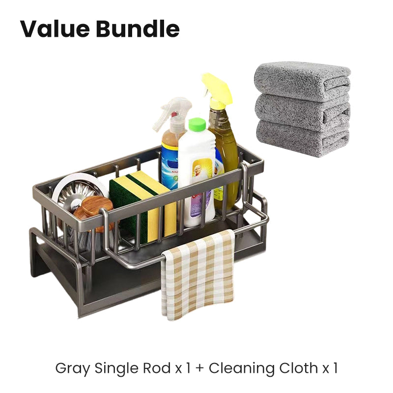 Moonval Sink Drain Rack, Stainless Steel Organizer with Drip Tray and Towel Bar