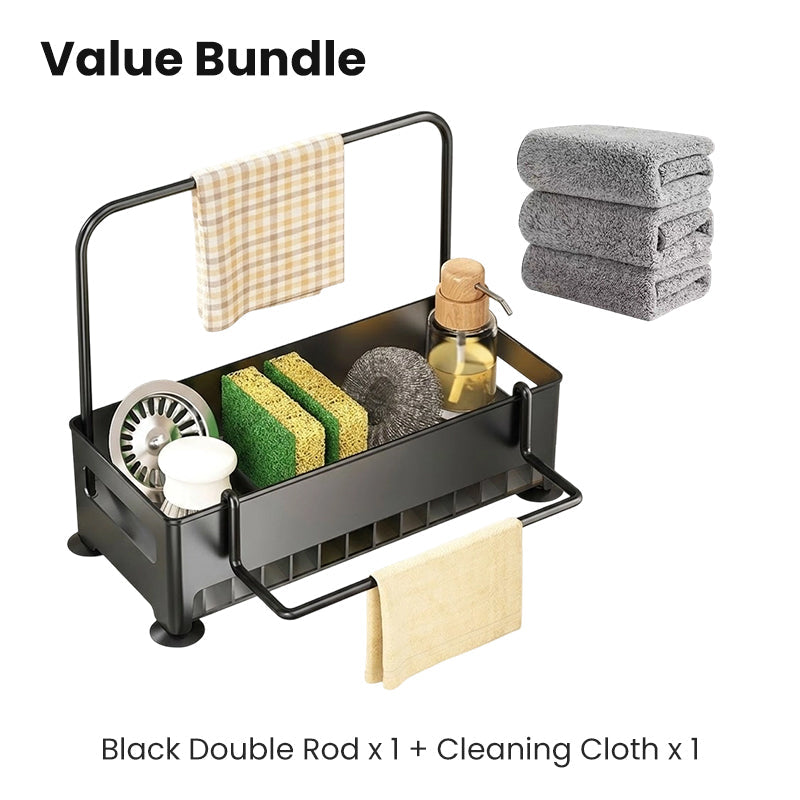 Moonval Sink Drain Rack, Stainless Steel Organizer with Drip Tray and Towel Bar