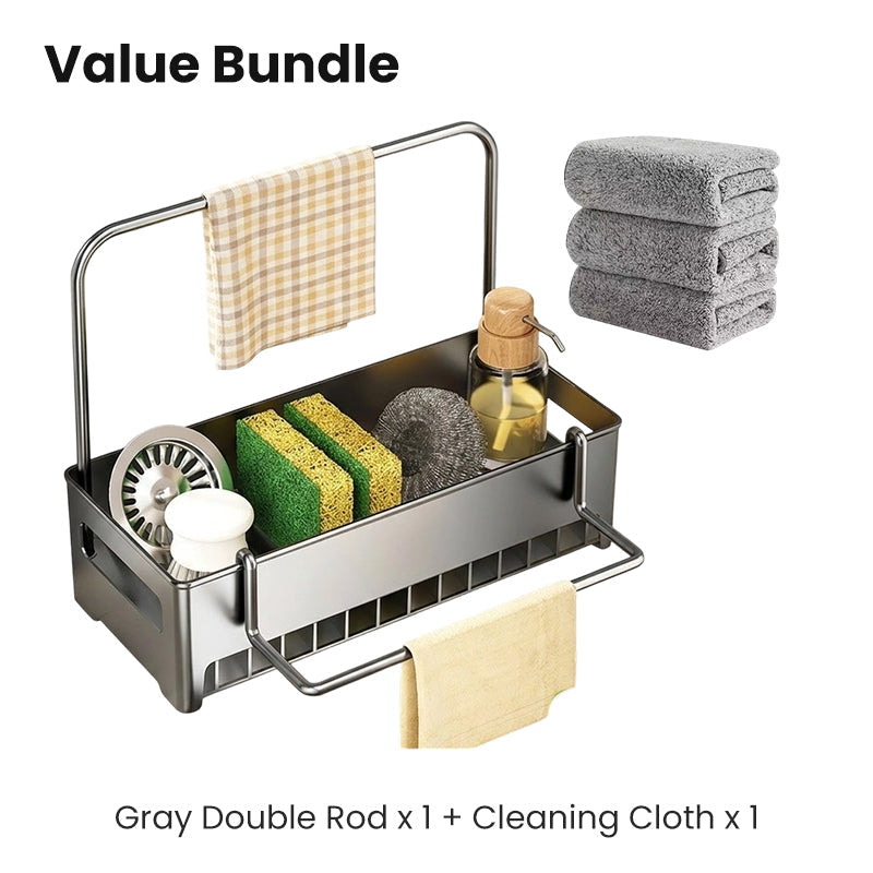 Moonval Sink Drain Rack, Stainless Steel Organizer with Drip Tray and Towel Bar