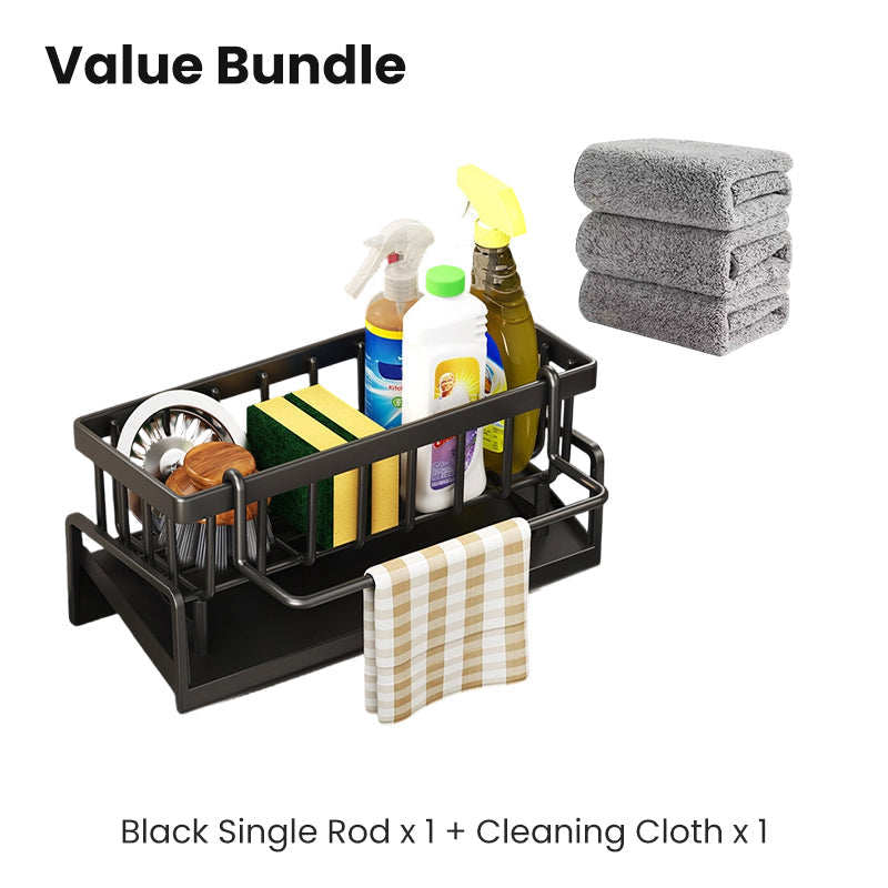 Moonval Sink Drain Rack, Stainless Steel Organizer with Drip Tray and Towel Bar