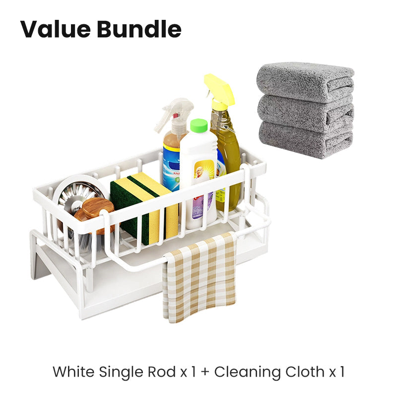 Moonval Sink Drain Rack, Stainless Steel Organizer with Drip Tray and Towel Bar