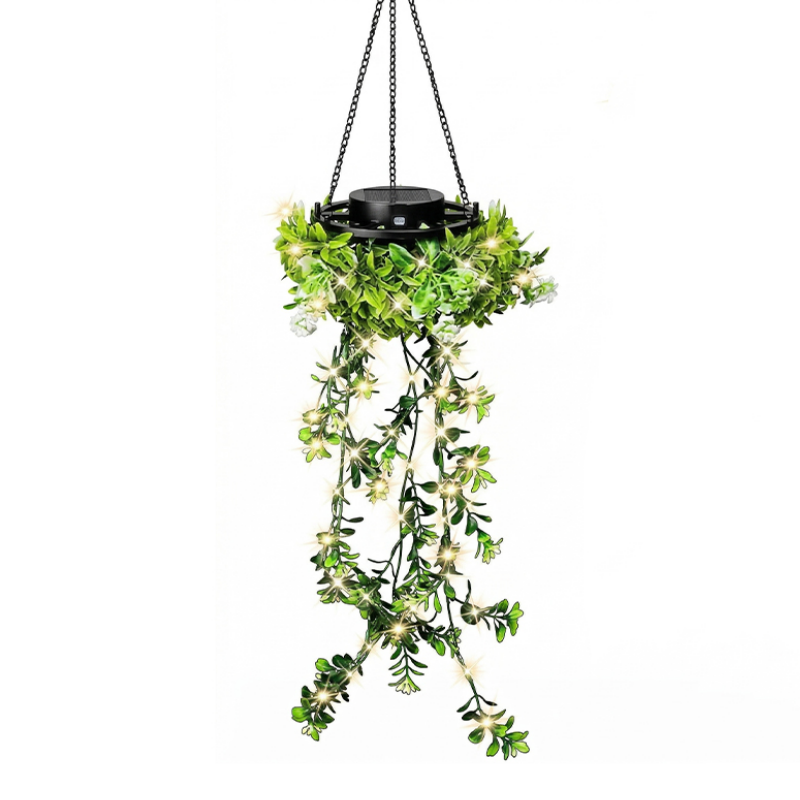 Moonval Outdoor Solar Hanging Plant Light, Faux Greenery Basket with Warm White LEDs
