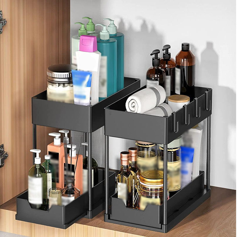 Moonval 2-Tier Under Sink Organizer with Sliding Drawer, Hooks & Hanging Cups