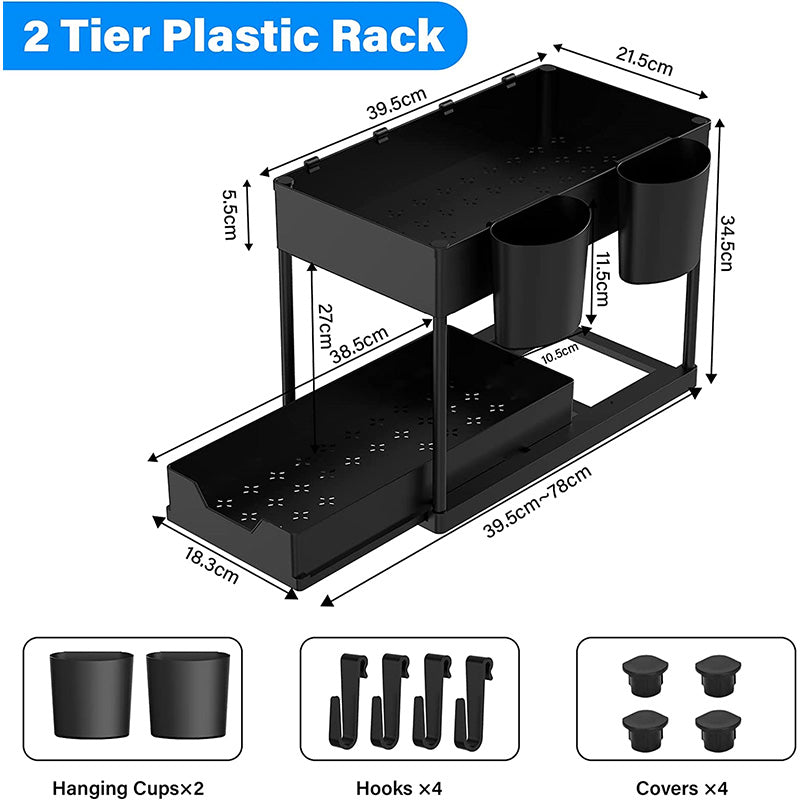 Moonval 2-Tier Under Sink Organizer with Sliding Drawer, Hooks & Hanging Cups