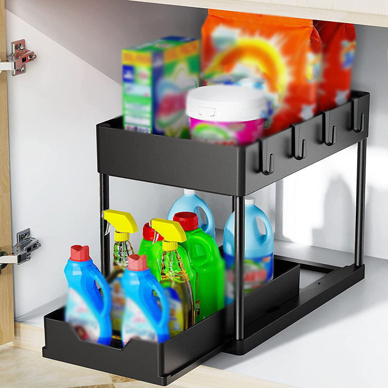 Moonval 2-Tier Under Sink Organizer with Sliding Drawer, Hooks & Hanging Cups
