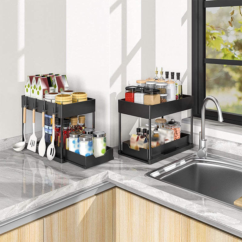 Moonval 2-Tier Under Sink Organizer with Sliding Drawer, Hooks & Hanging Cups