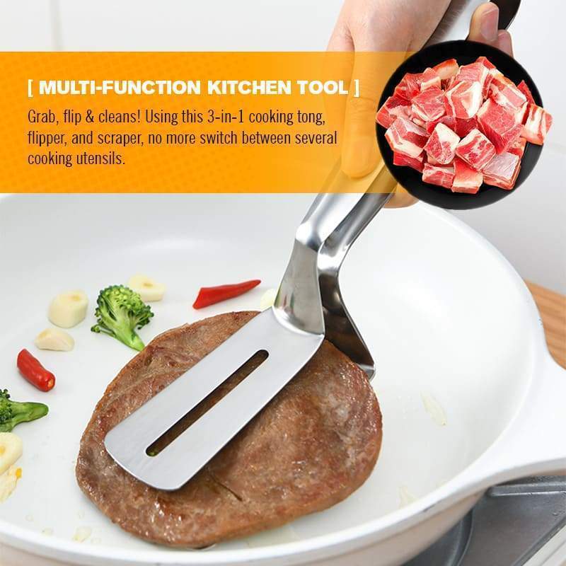 Moonval 3-in-1 Cooking Tongs, Stainless Steel Spatula Tongs for Grilling & Frying